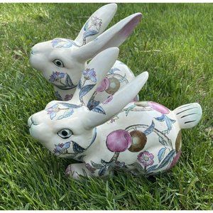 Rabbit Statues Chinese Enamel Porcelain Pair of Life Size 1950s 60s Handpainted